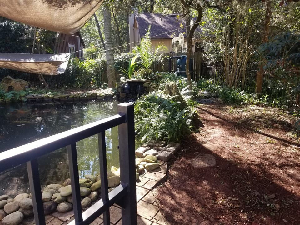 A garden with a pond, a dark railing in the foreground, a brick walkway, and lush greenery under trees.