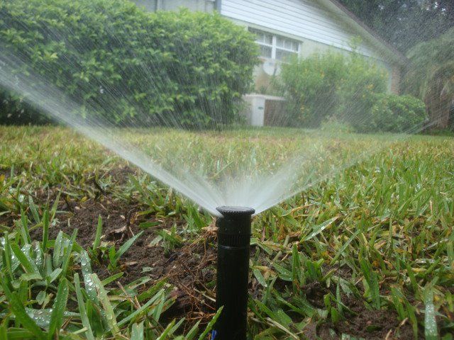 A black lawn sprinkler sprays a fan of water over a patch of grass in front of a house.