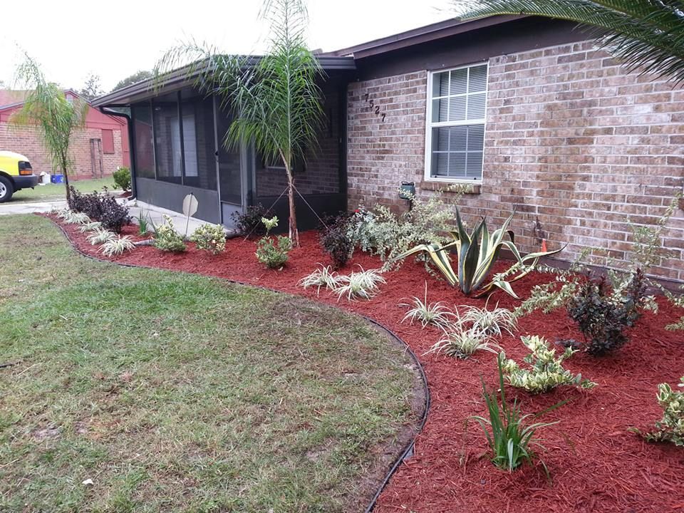 A brick house with a screen porch and a curved flower bed filled with red mulch and various shrubs and palms.