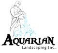 Logo for Aquarian Landscaping Inc. featuring a figure pouring water from a jug into stylized blue water swirls.