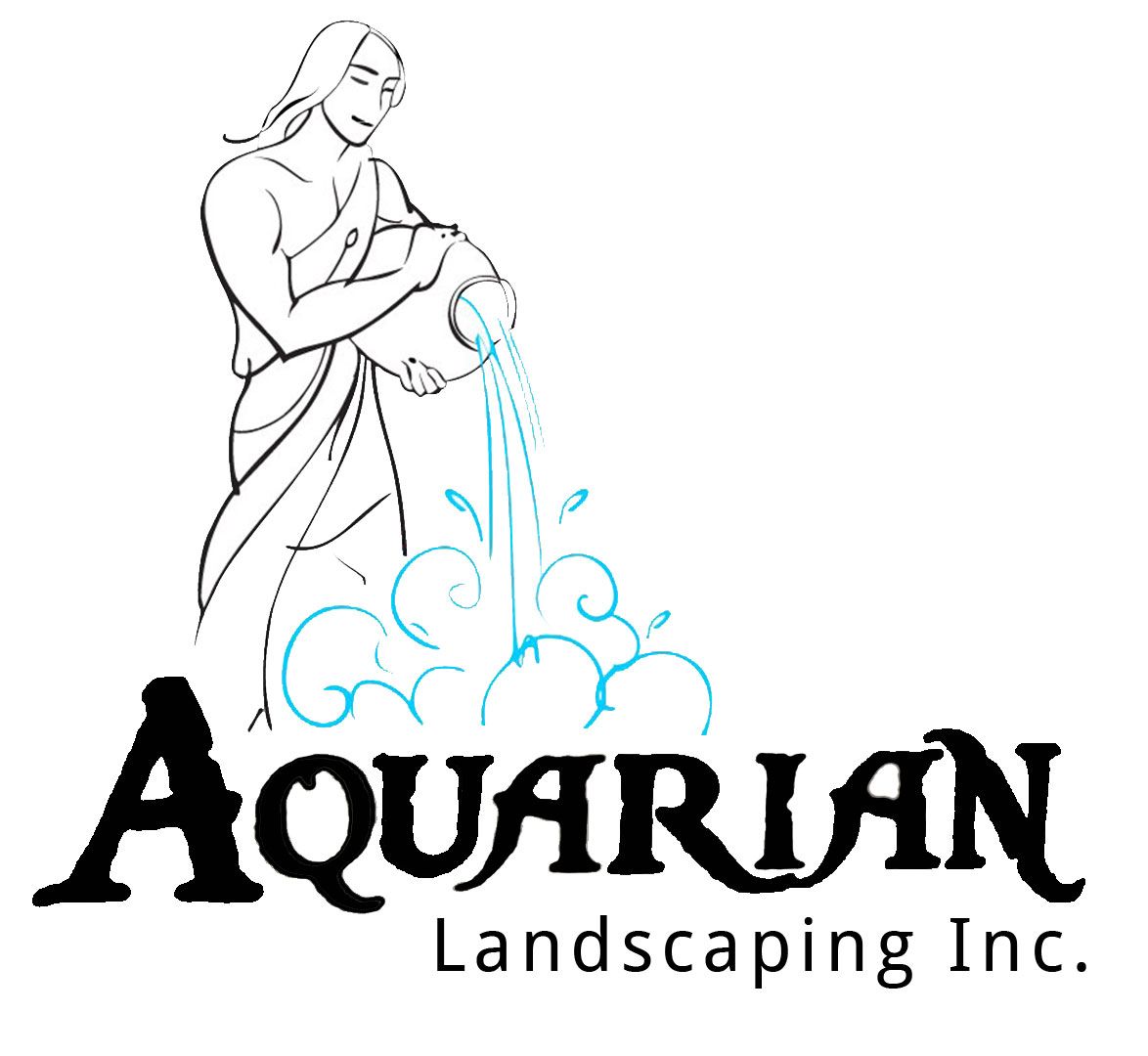 Logo for Aquarian Landscaping Inc. featuring a figure pouring water from a jug into stylized blue water swirls.