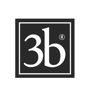 Zwart vierkant logo met witte tekst “3b” en een geregistreerd handelsmerksymbool