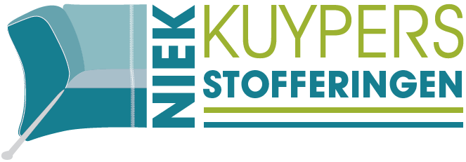 Logo van Niek Kuypers Stofferingen met een turkooizen bankicoon en groenblauwe tekst