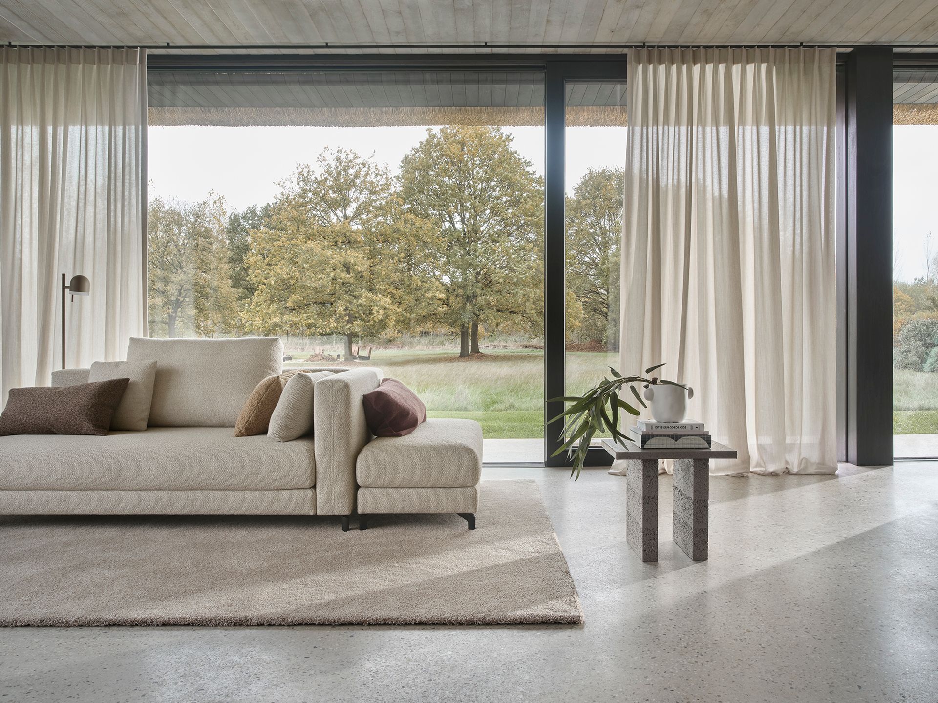 Moderne woonkamer met een beige bank, vloerkleed en kamerhoge ramen met uitzicht op bomen
