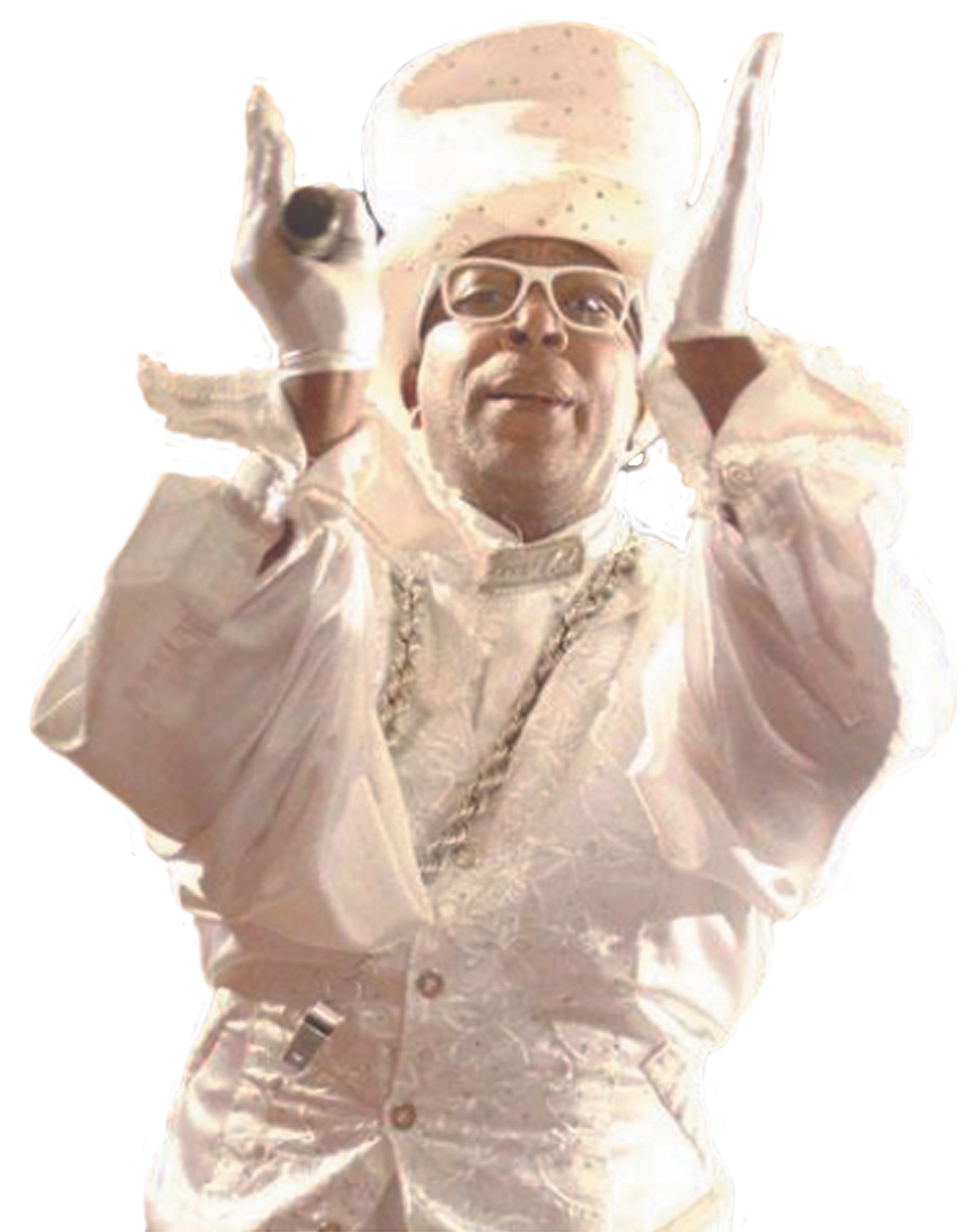 Entertainer and Ringmaster, Casual Cal in a white suit and hat is holding a microphone.