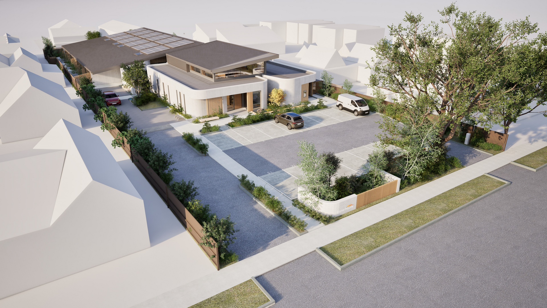 Architectural rendering of a modern building complex with a car park and landscaping.