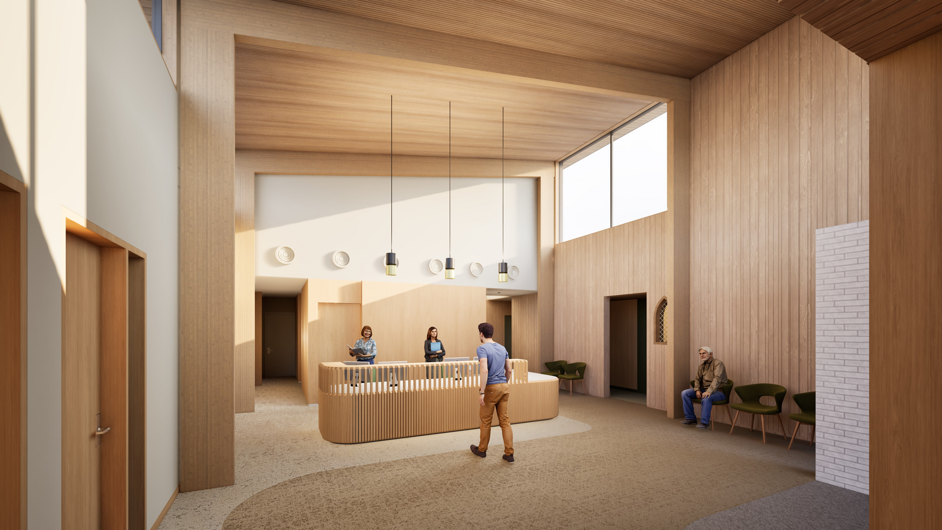 Reception area with wood paneling, front desk, and people waiting and interacting.