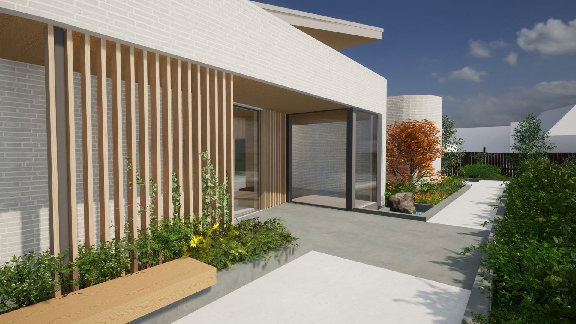 Modern home exterior with wooden slats, brick, and garden pathway.