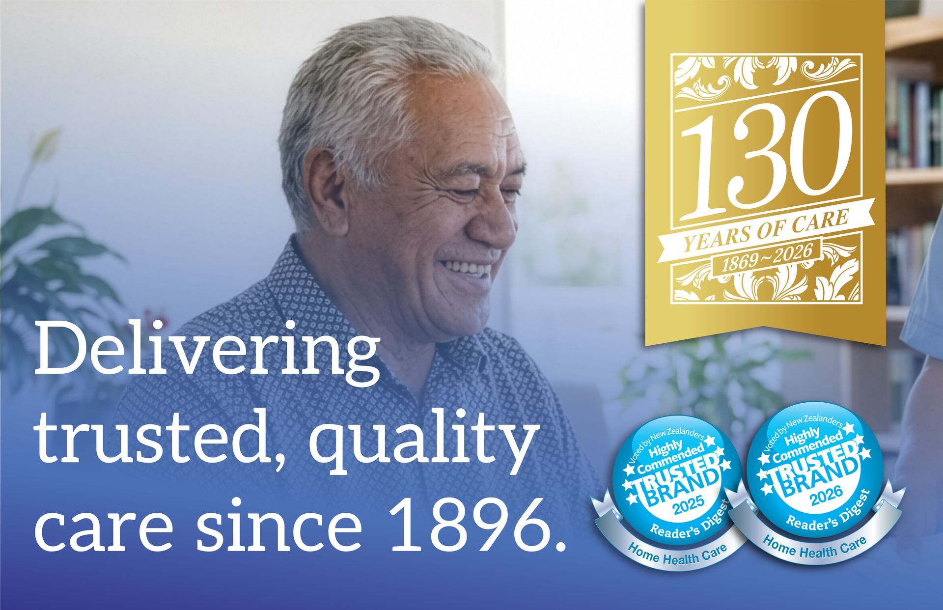 Smiling man with “Delivering trusted, quality care since 1896” text and 130-year anniversary badge on blue background