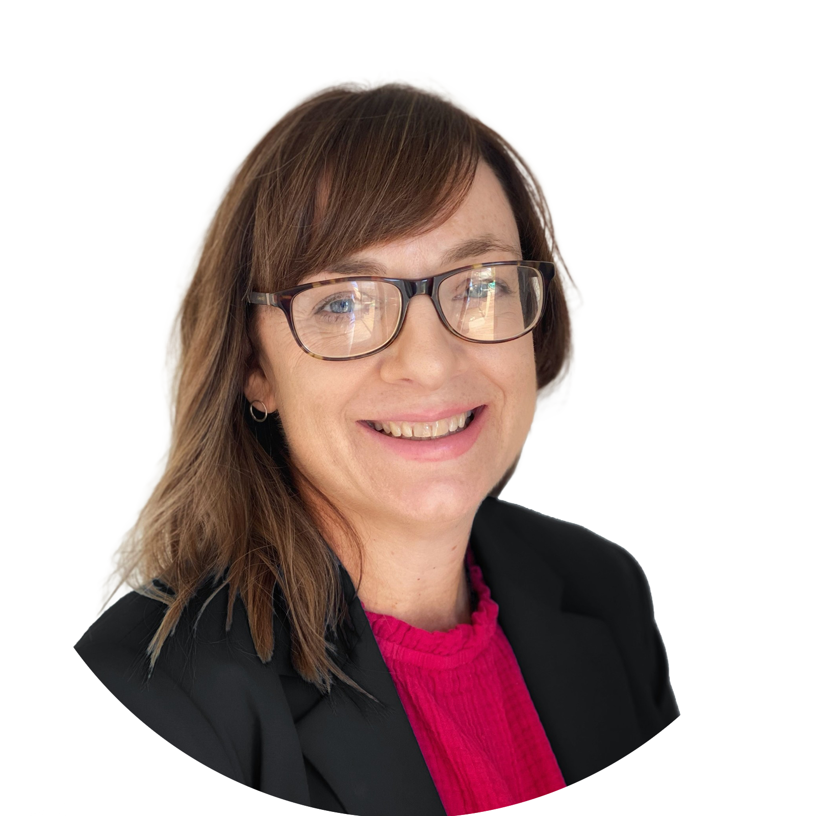 A woman wearing glasses and a black shirt smiles for the camera. Kim Rae