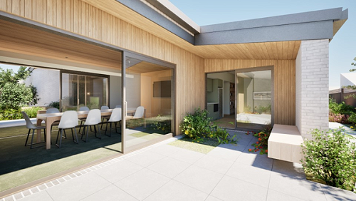 An artist 's impression of a house with a dining table and chairs