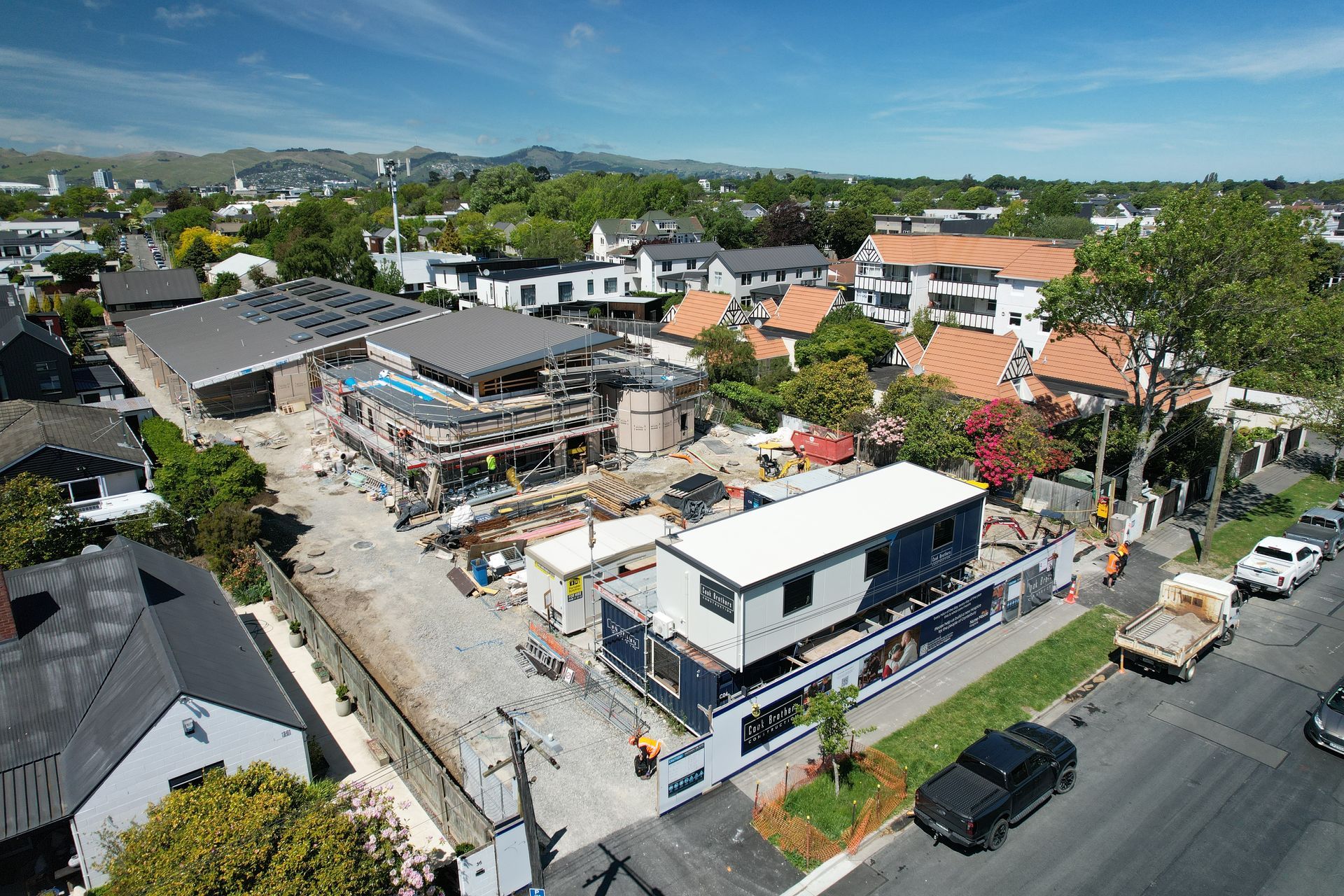 A building site with framing going up
