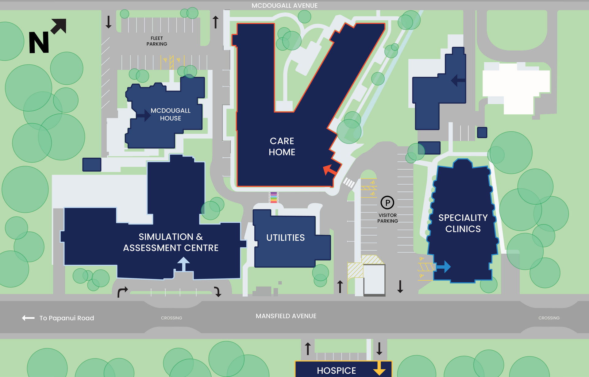 A map showing the location of a hospital and a specialty clinic