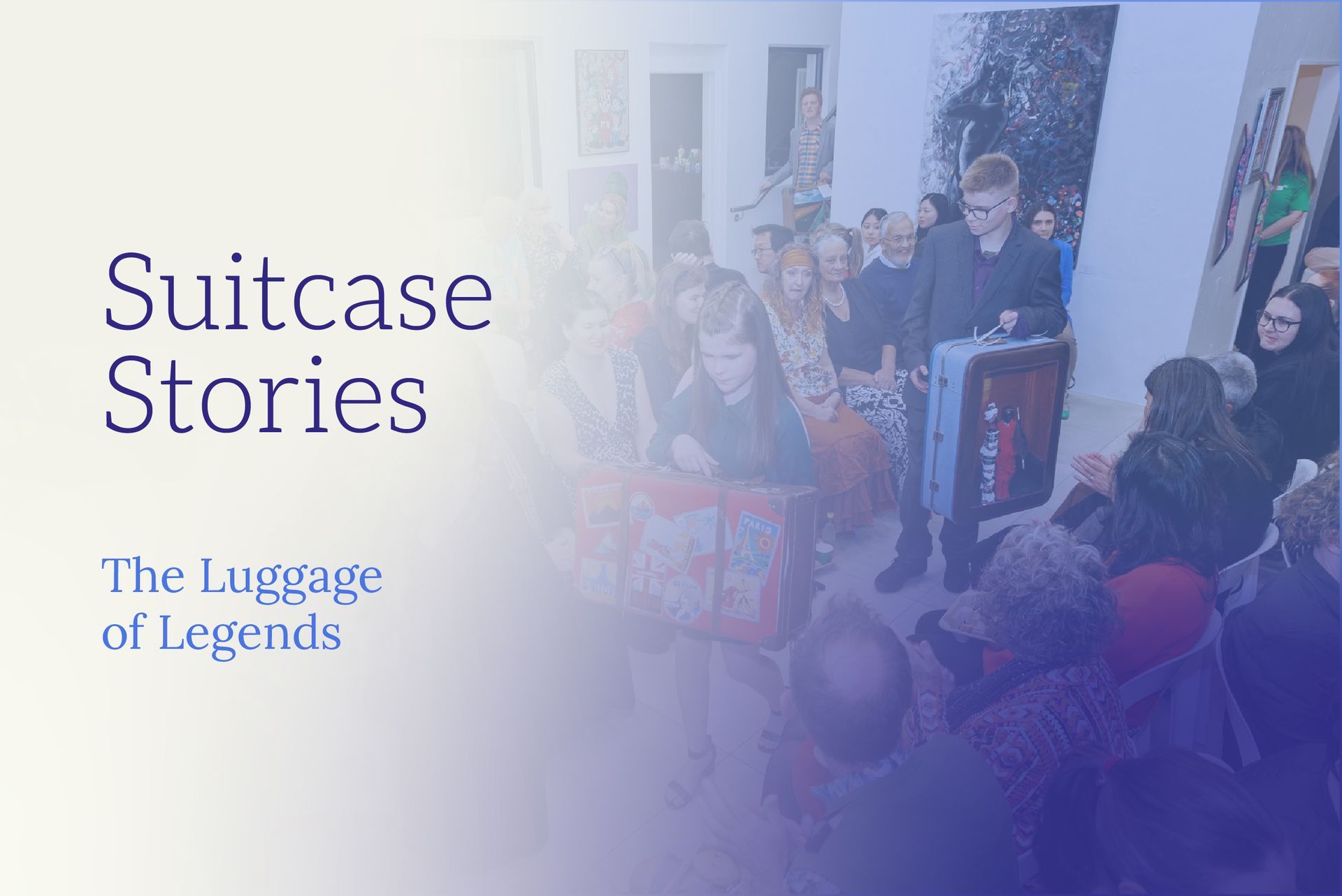 Title slide reading “Suitcase Stories” with a crowd scene and purple gradient overlay
