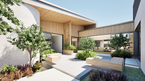 An artist 's impression of a modern house with a courtyard