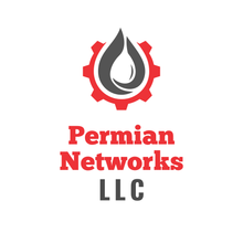 Logo for Permian Networks LLC: a red gear surrounding a gray oil drop shape, with the company name in red and gray text.