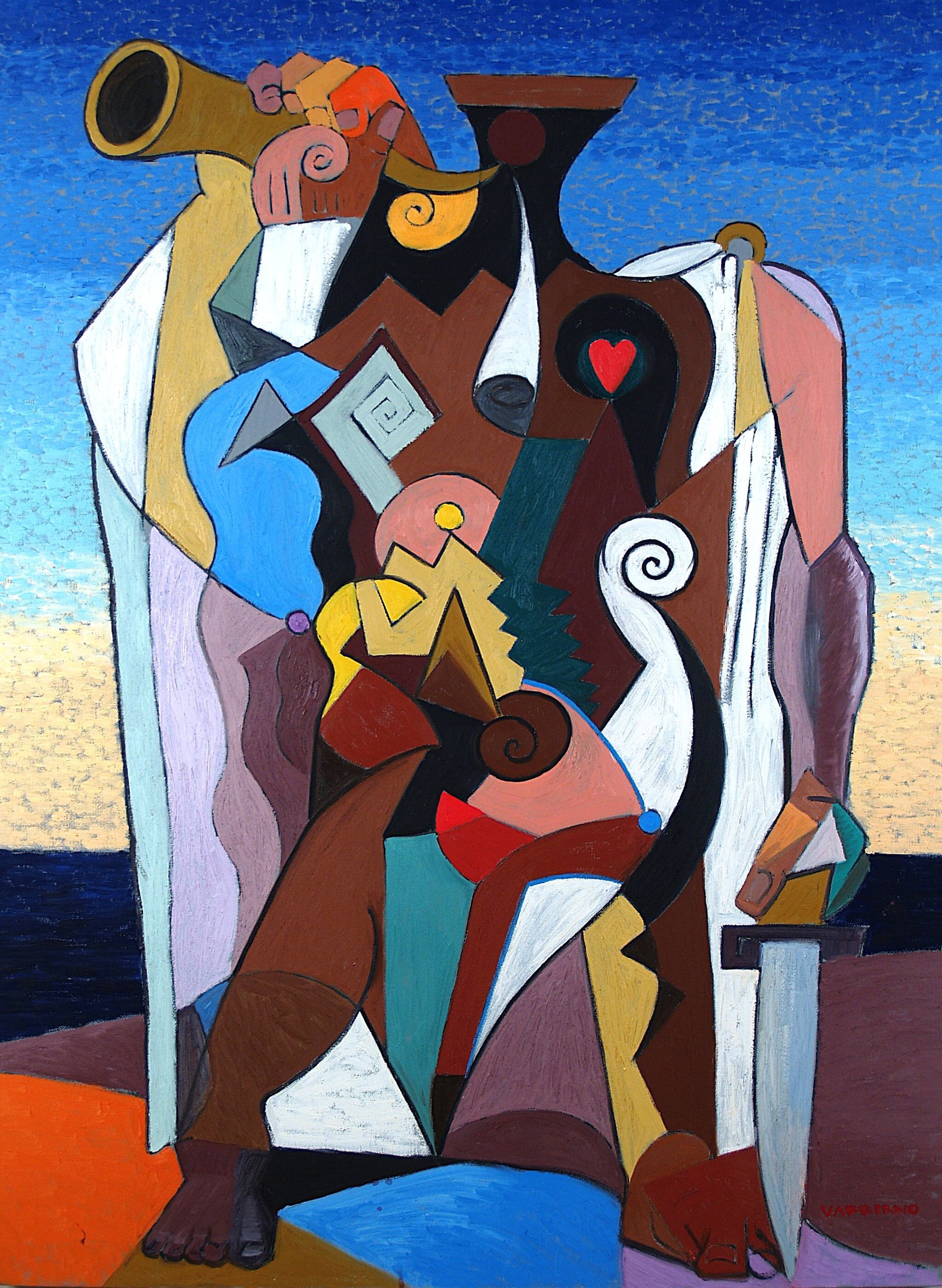 Woman standing in front of Conception, an oil painting by John Varriano