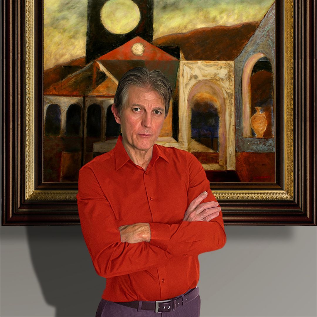 Photo of John Varriano, American Artist standing in front of a work in progress titled, Eruption