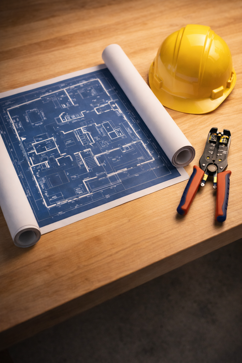 Blueprints, a yellow hard hat, and wire strippers sit on a wooden table.