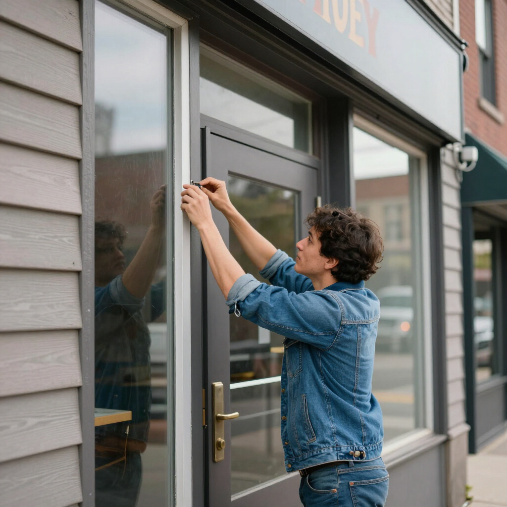Person in a denim jacket applying tape to a storefront window