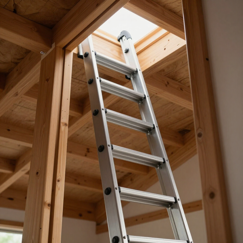 Aluminum ladder leaning up through a wooden attic opening under exposed beams