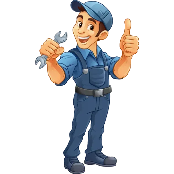 Smiling mechanic in blue overalls and cap, holding a wrench and giving a thumbs-up.