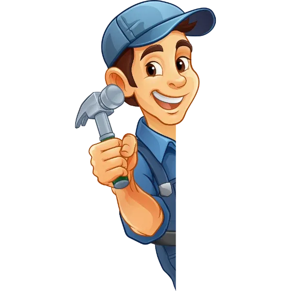 Cartoon mechanic in a blue cap smiling and holding a hammer