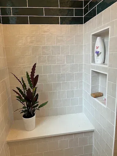 White tiled shower with a built-in shelf and a potted plant on the bench.