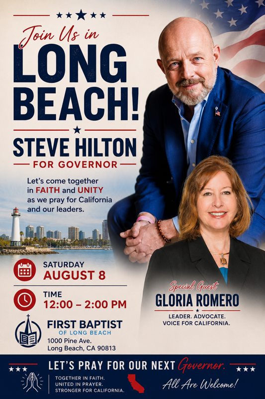 Long Beach rally poster for Steve Hilton for governor, with Gloria Romero, date, time, and First Baptist Church venue
