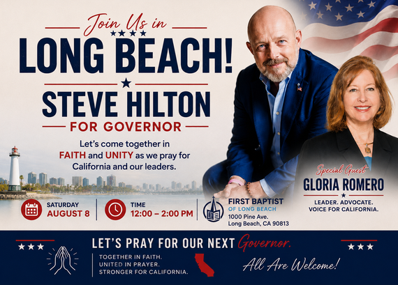 Political rally flyer for Steve Hilton and Gloria Romero in Long Beach, with U.S. flag and event details