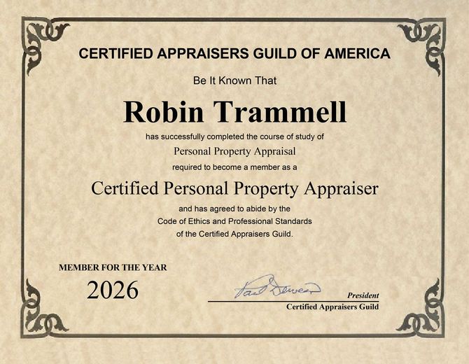 Certificate for Robin Trammell, a Certified Personal Property Appraiser, 2026. Certificate for Robin Trammell, a Certified Personal Property Appraiser, 2026.