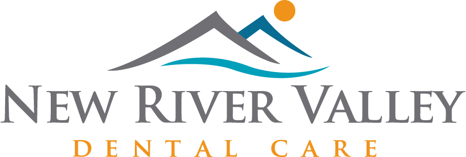 The logo for new river valley dental care shows a mountain and waves.