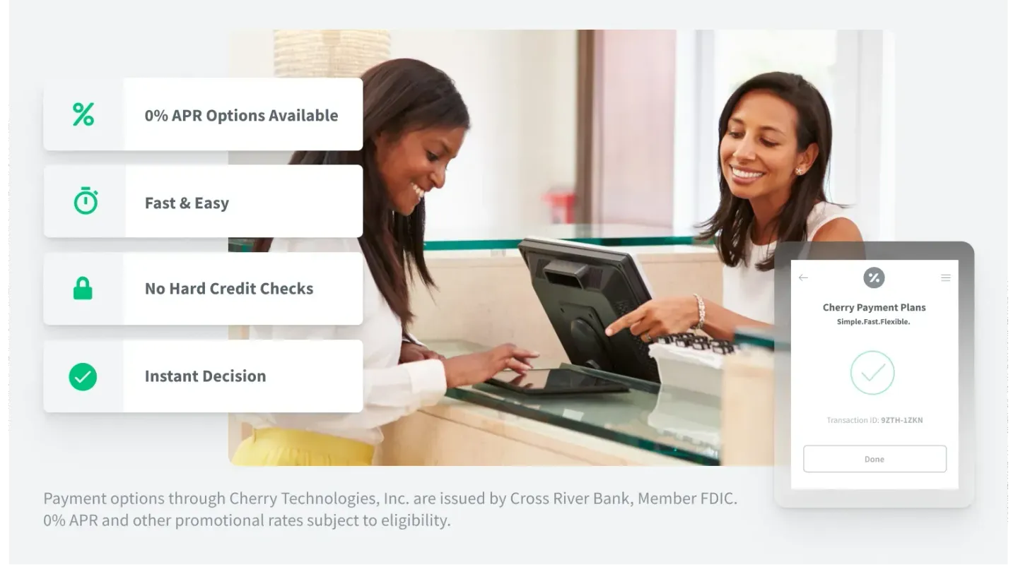 Woman at counter with another, processing transaction; features: instant, no credit check, fast, low APR.