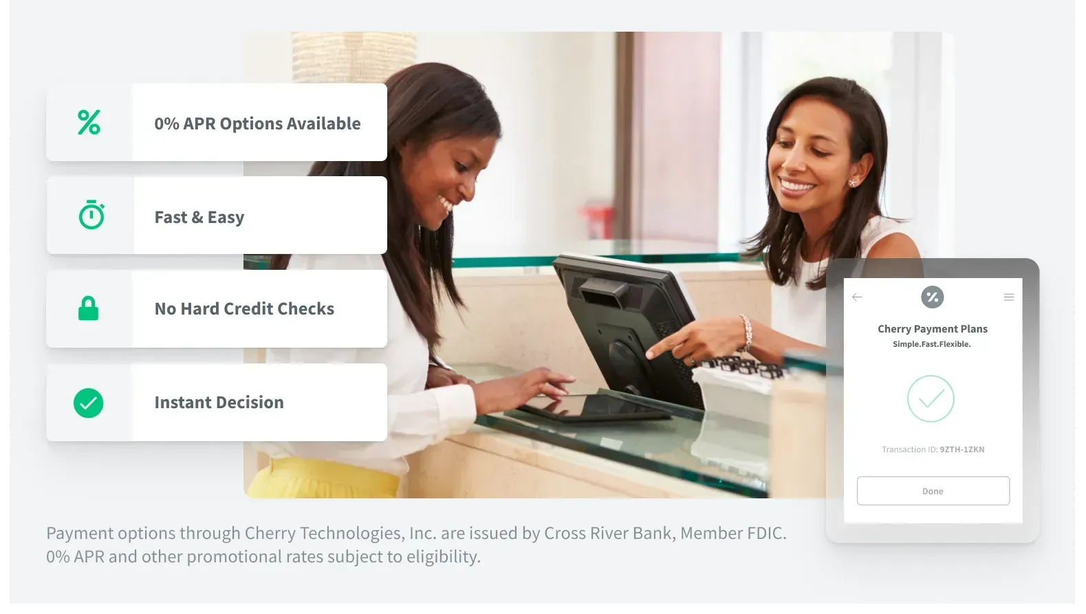 Woman at a counter assists another woman, with a tablet showing a checkmark. Informational boxes highlight features.