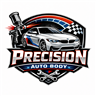 Precision Auto Body logo with a car silhouette, checkered flag, and red, white, and blue accents