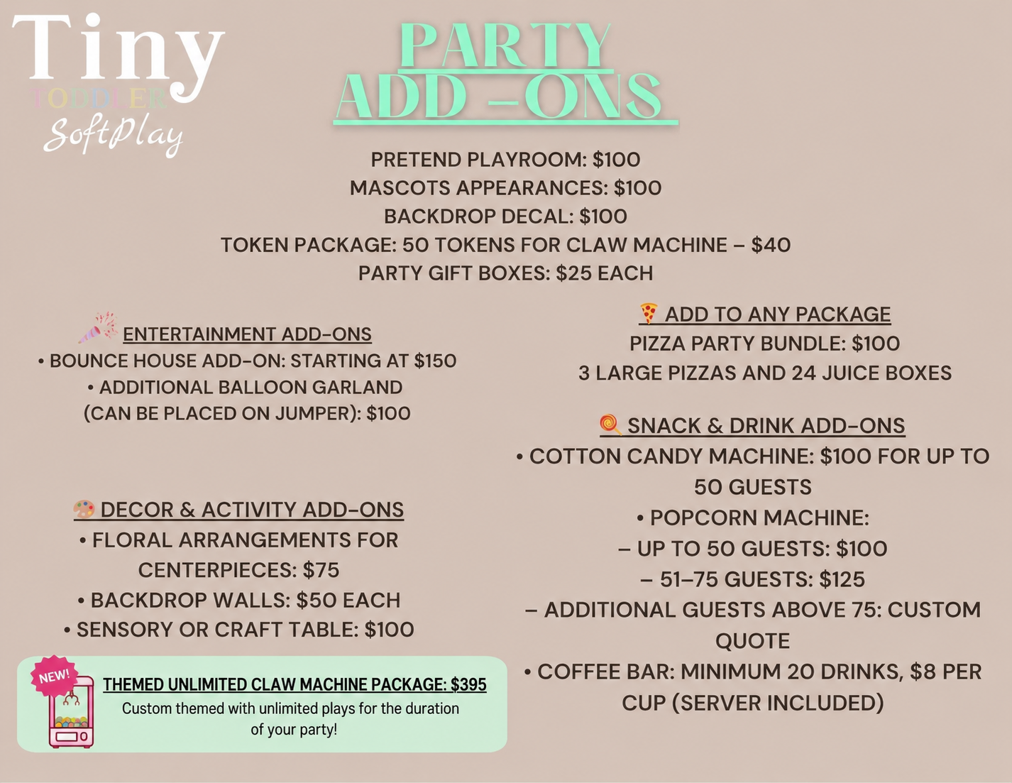 Pastel party add-on pricing flyer with balloons, games, and snack options on a beige background