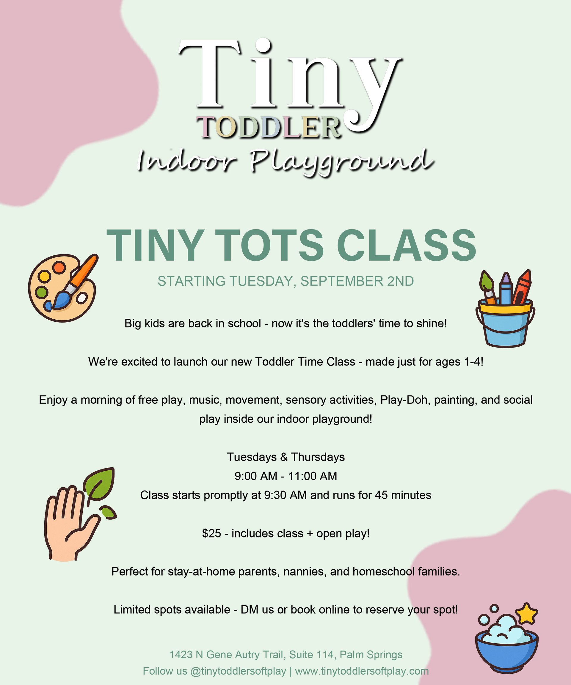 Tiny Tots Class preschool flyer with pastel pink and green background, toy icons, and class details