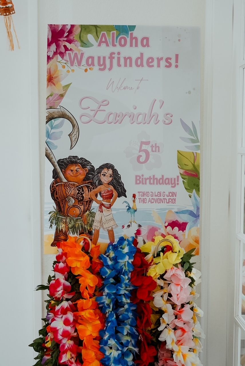 Aloha Wayfinders sign for Erah's 5th birthday with colorful Hawaiian leis and a beach-themed design