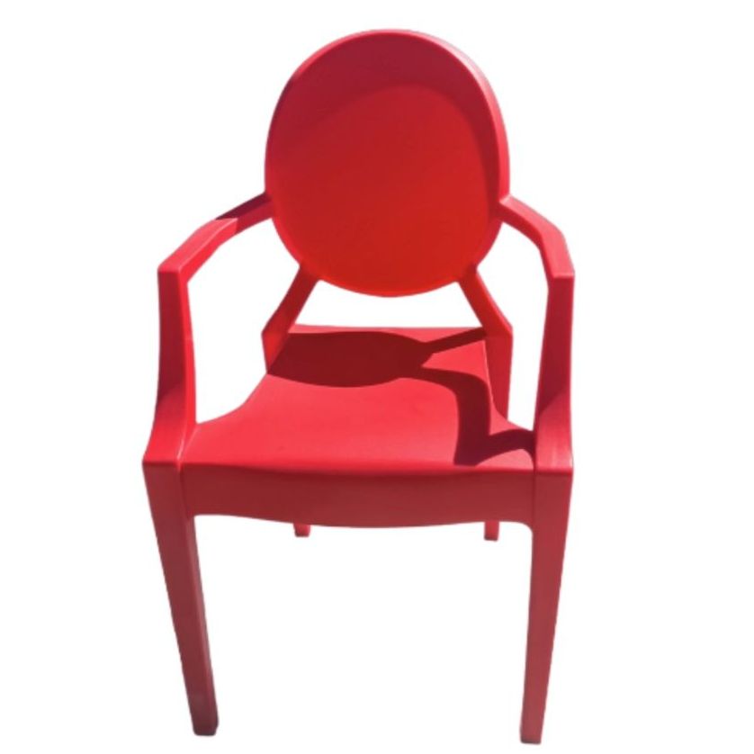 Red plastic chair with a round backrest on a white background