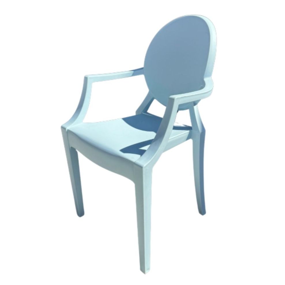 Light blue plastic chair with armrests and a rounded backrest on a white background