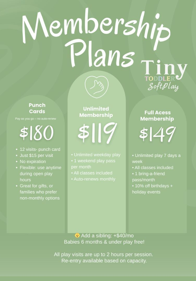 Pastel green membership plan poster with three pricing tiers: $80, $119, and $149.