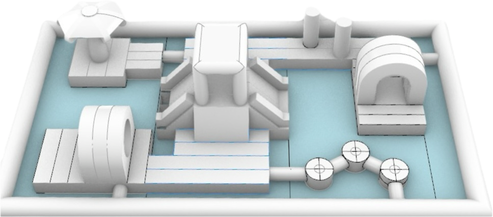 White 3D abstract industrial layout with pipes, blocks, and gears on a light blue background