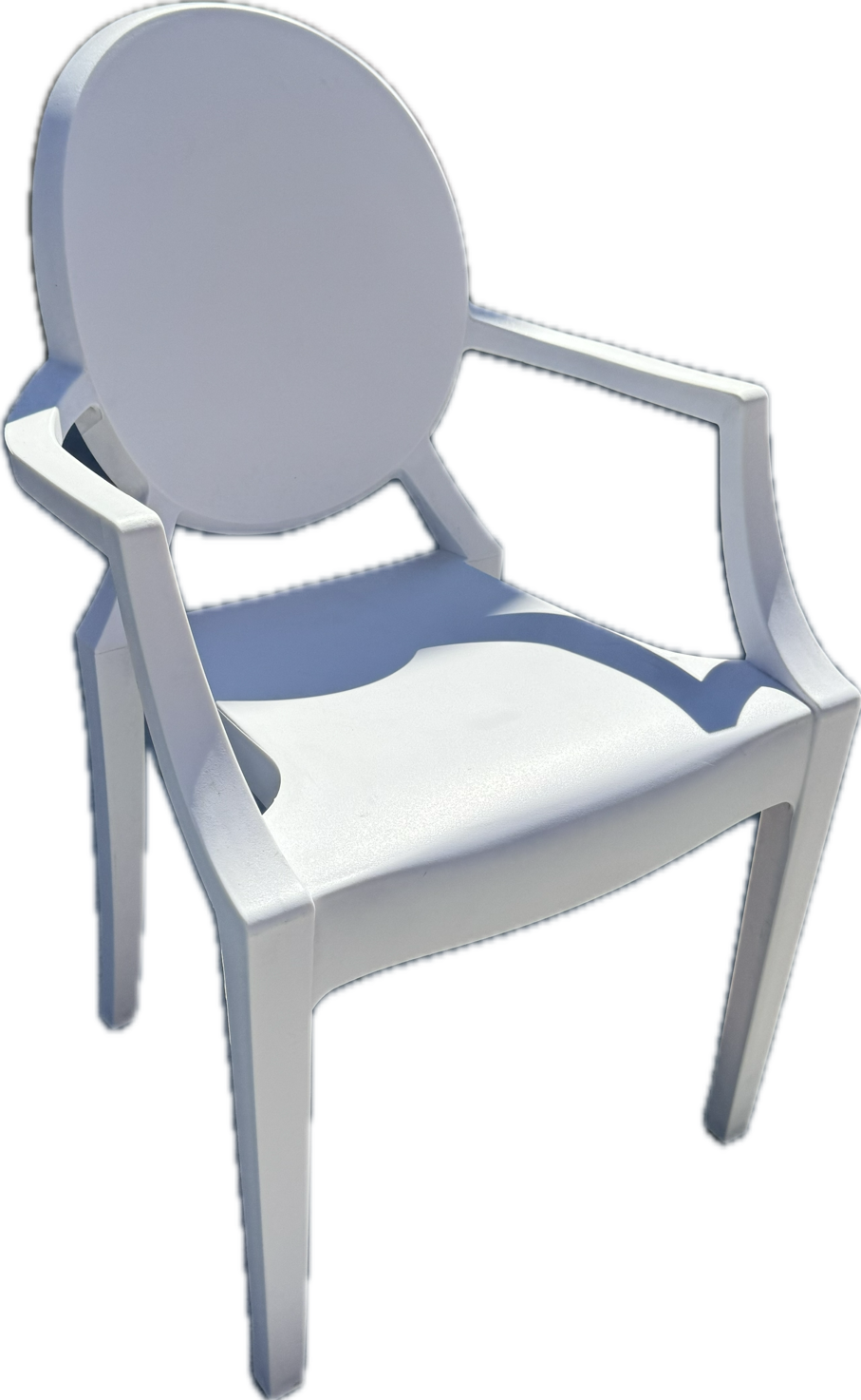 Light gray upholstered chair with oval backrest and armrests on a white background
