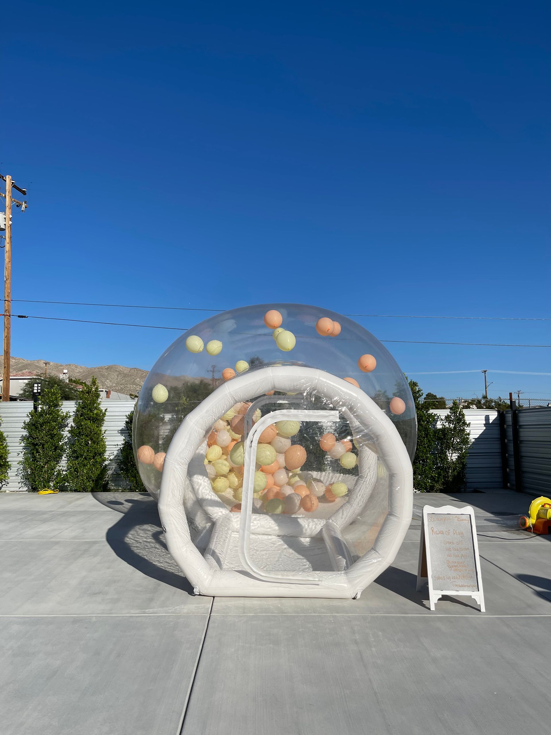 Clear inflatable snow globe with stuffed animals and snowman display outdoors on a sunny day