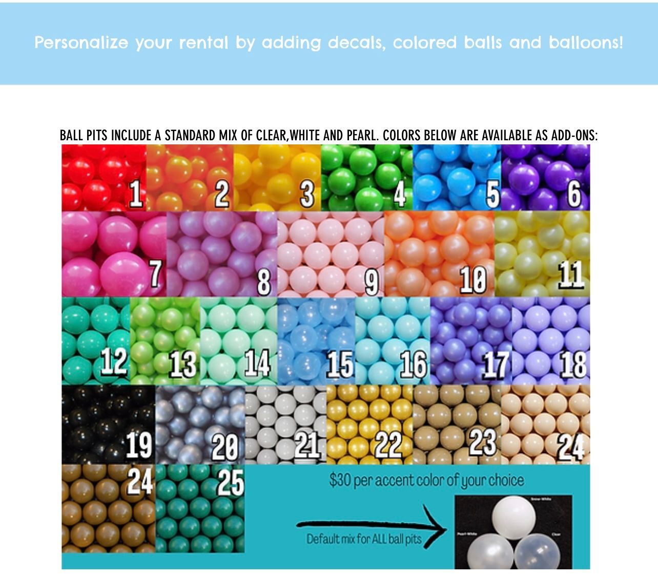 Colorful numbered balloon grid with pink, green, blue, purple, gray, gold, and brown options for rental decor
