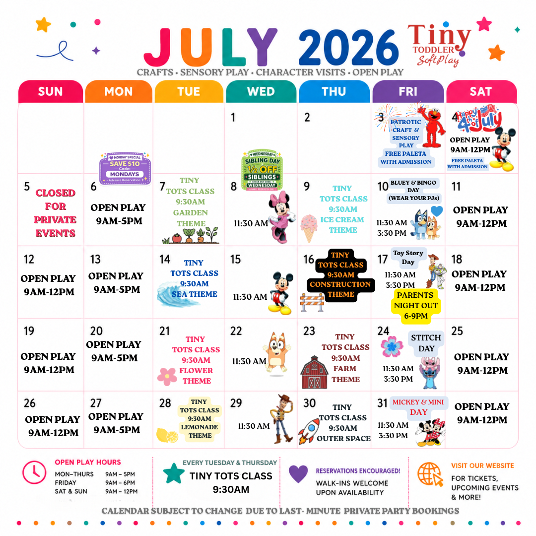 Tiny Tots July 2026 calendar with colorful daily events, closures, and holiday hours