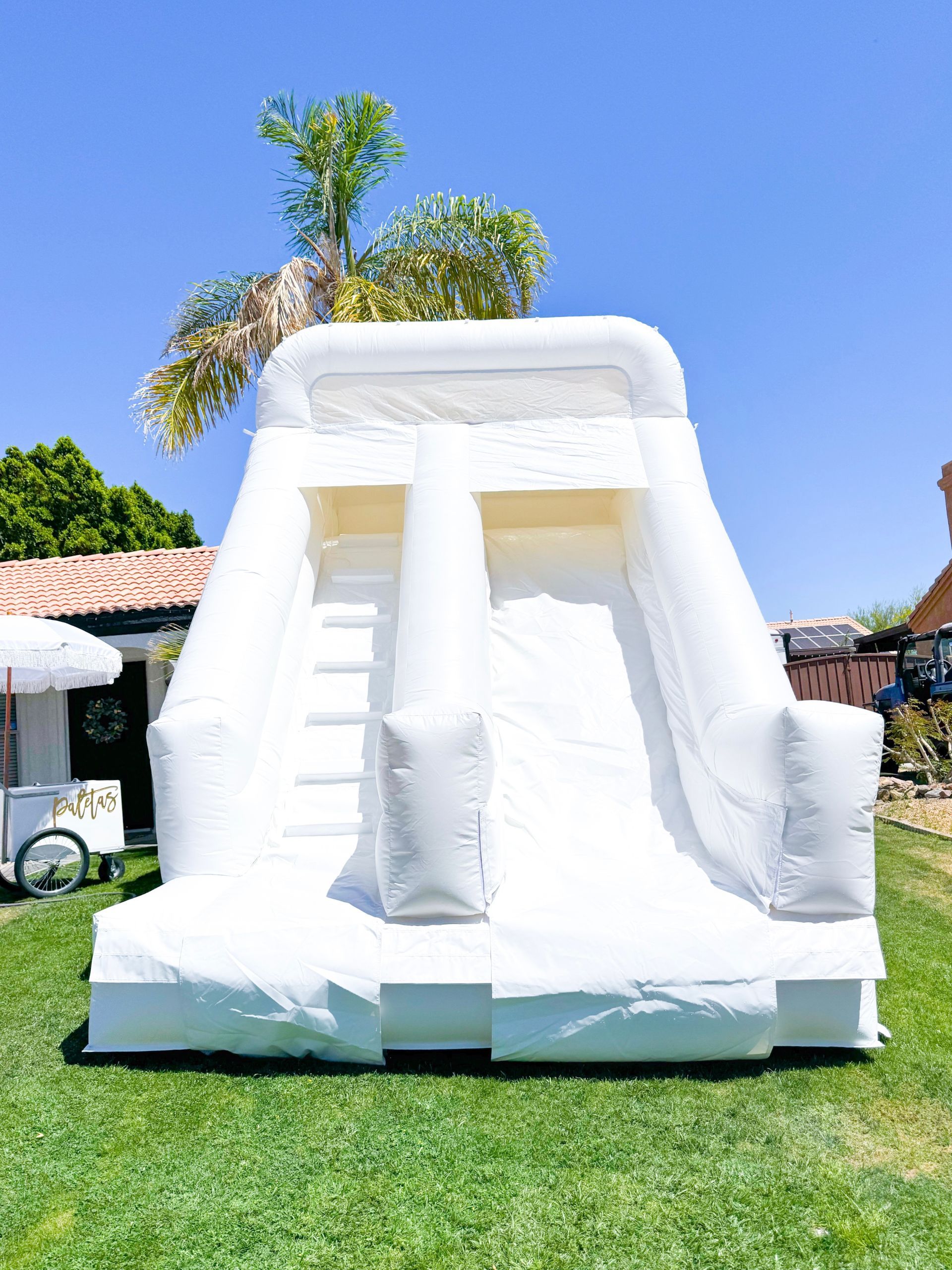 White inflatable bounce house slide on a grassy backyard with palm trees and blue sky