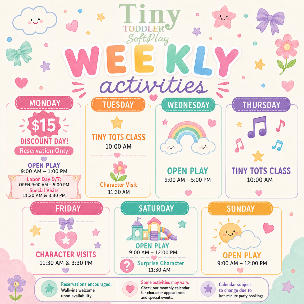 Colorful July activity week flyer with daily events, toy classes, meet and greet, and open play schedule