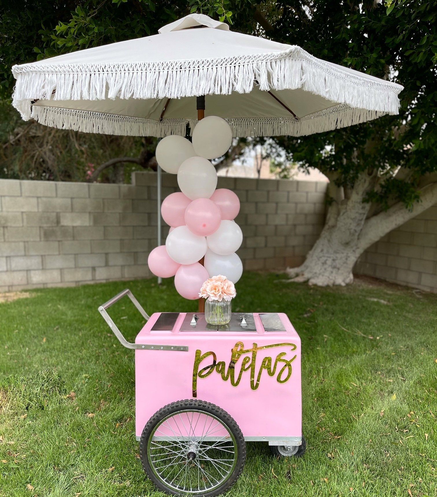 Pink party cart with gold “partys” sign, balloons, and white umbrella on a grassy lawn.