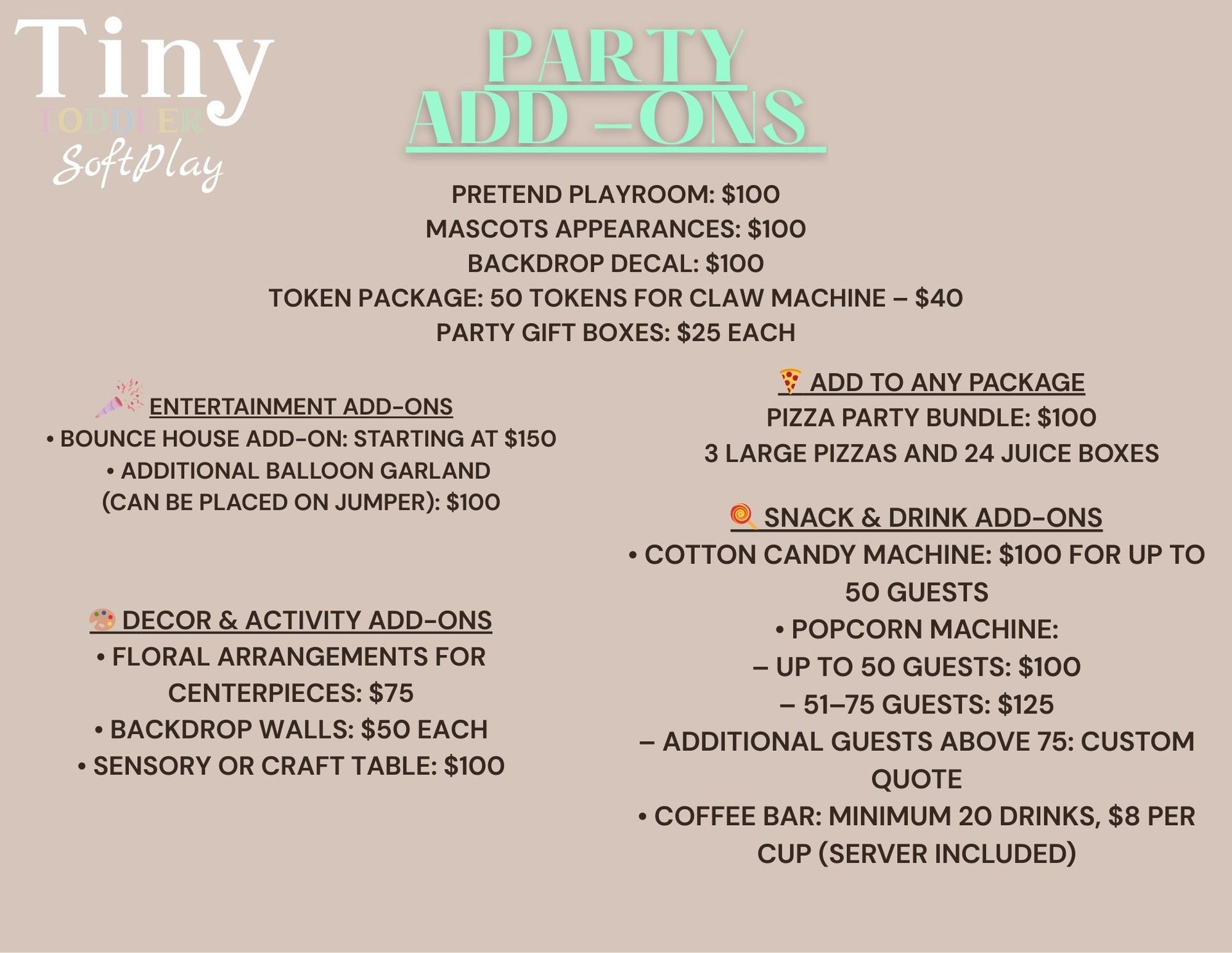 Pastel party add-on pricing flyer with balloons, games, and snack options on a beige background
